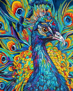 Colorful artistic peacock with vibrant blue feathers and rainbow tail plumes in decorative swirling style