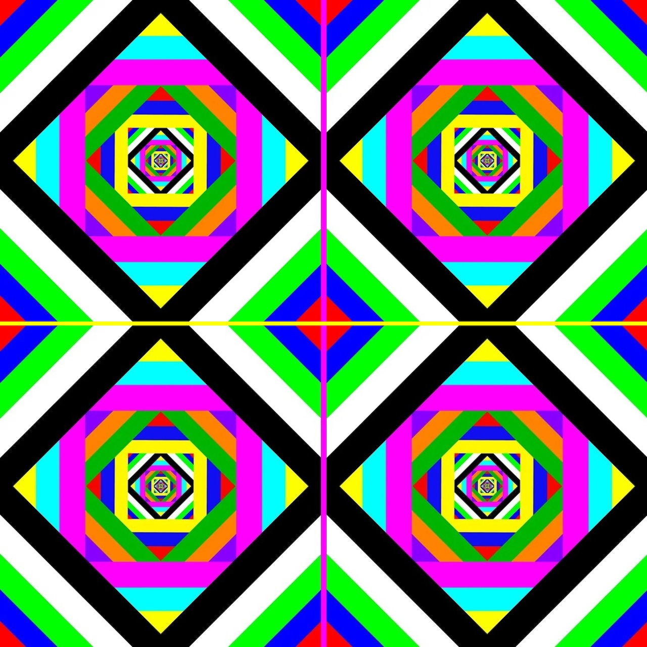 Bright geometric pattern with nested rainbow-colored diamond shapes arranged in a symmetrical grid
