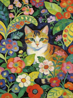 Calico cat surrounded by bright flowers and leaves in folk art style