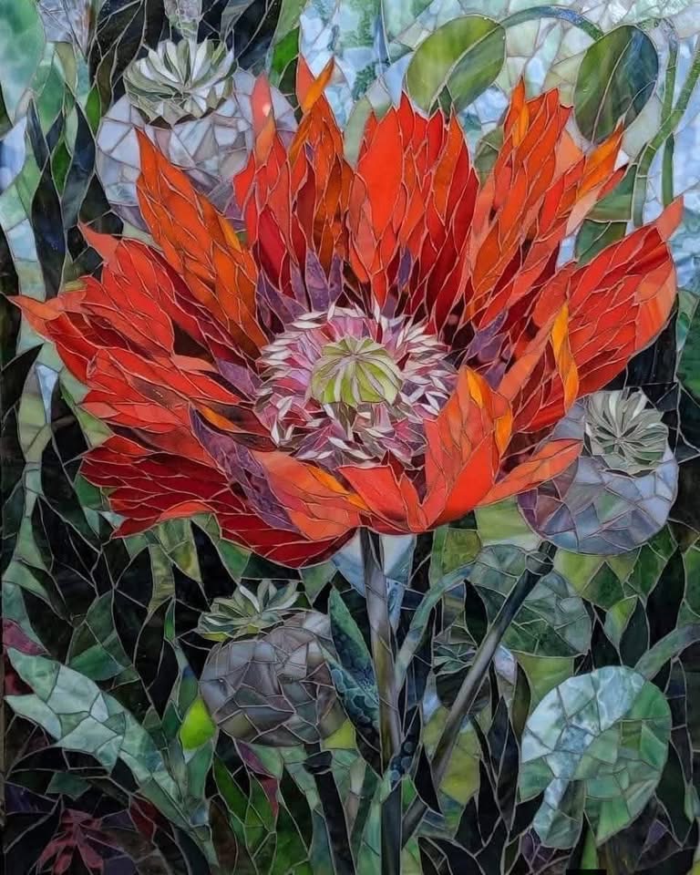 Textured oil painting of a bright red poppy flower with thick brushstrokes and green leaves