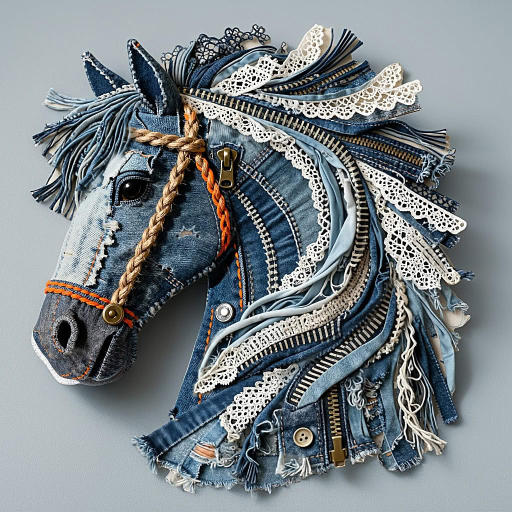 Horse head sculpture made from blue denim fabric with lace trim and zipper details