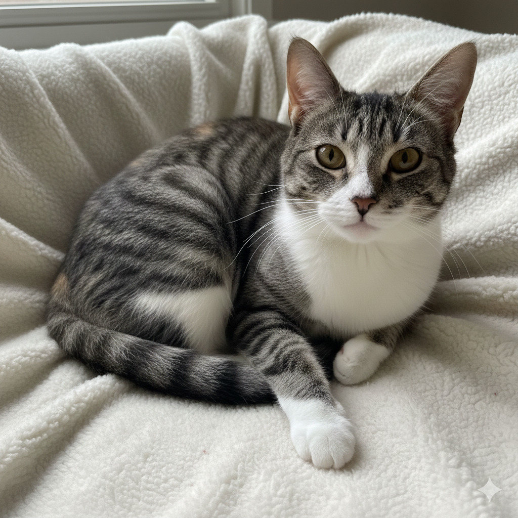 Gray and white tabby cat with green eyes resting on a white flece blanket