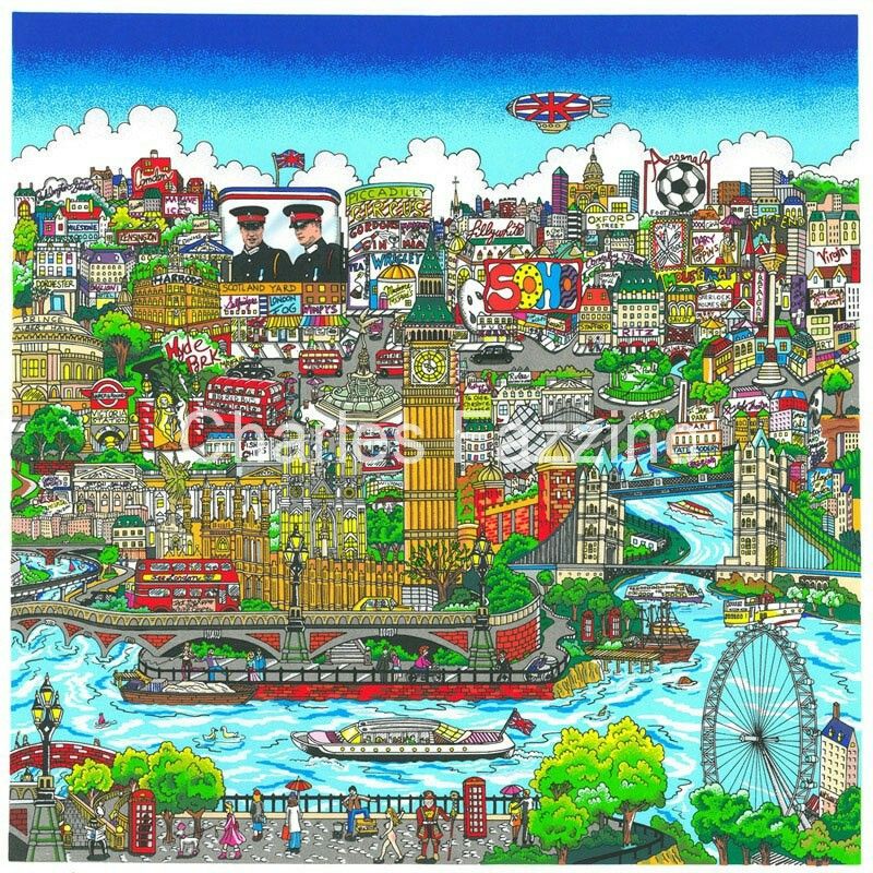 Detailed colorful illustration of a busy city with buildings, bridges, boats, and landmarks