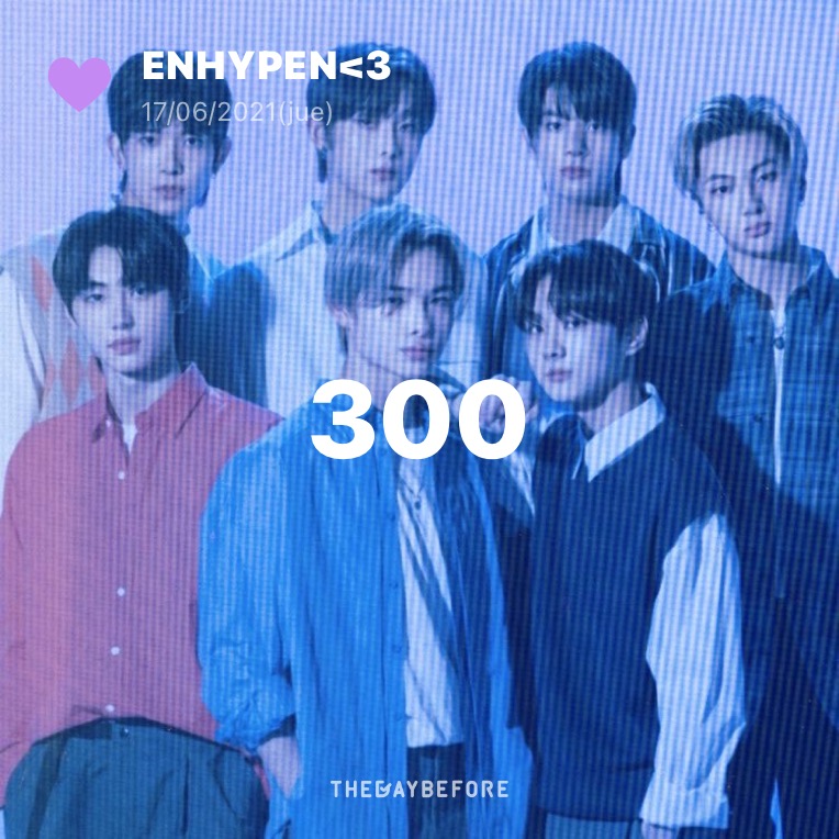 ENHYPEN K-pop group photo with seven members in casual clothing on blue-pink gradient background