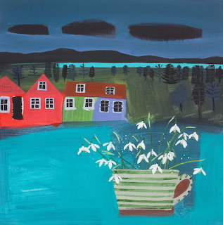 Naive art painting showing red and green cottages by bright blue water with flower boat under stormy sky