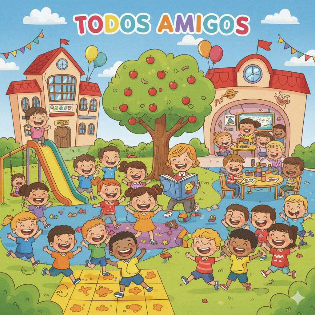 Colorful cartoon of smiling children playing together in a schoolyard with a tree and buildings
