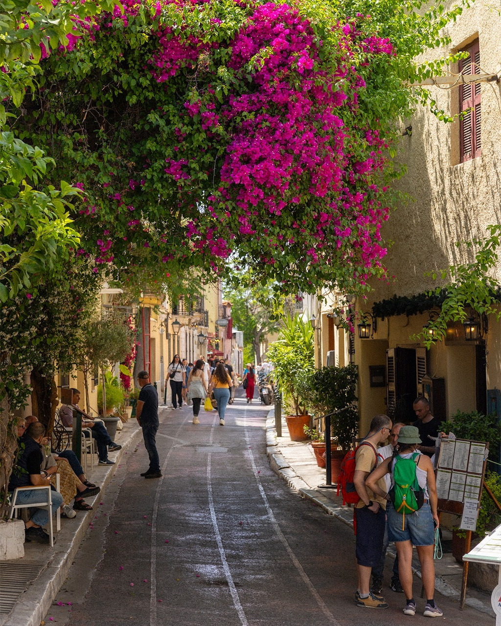 Narrow Athens street with magenta bougainvillea and walking tourists