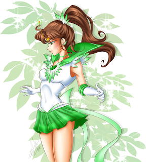 Anime drawing of Sailor Jupiter in green skirt and white sailor outfit with brown ponytail