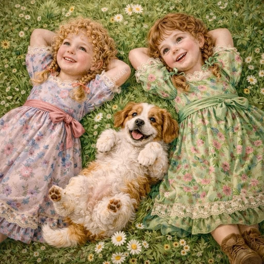 Two girls in floral dresses lying on grass with a small brown and white dog between them