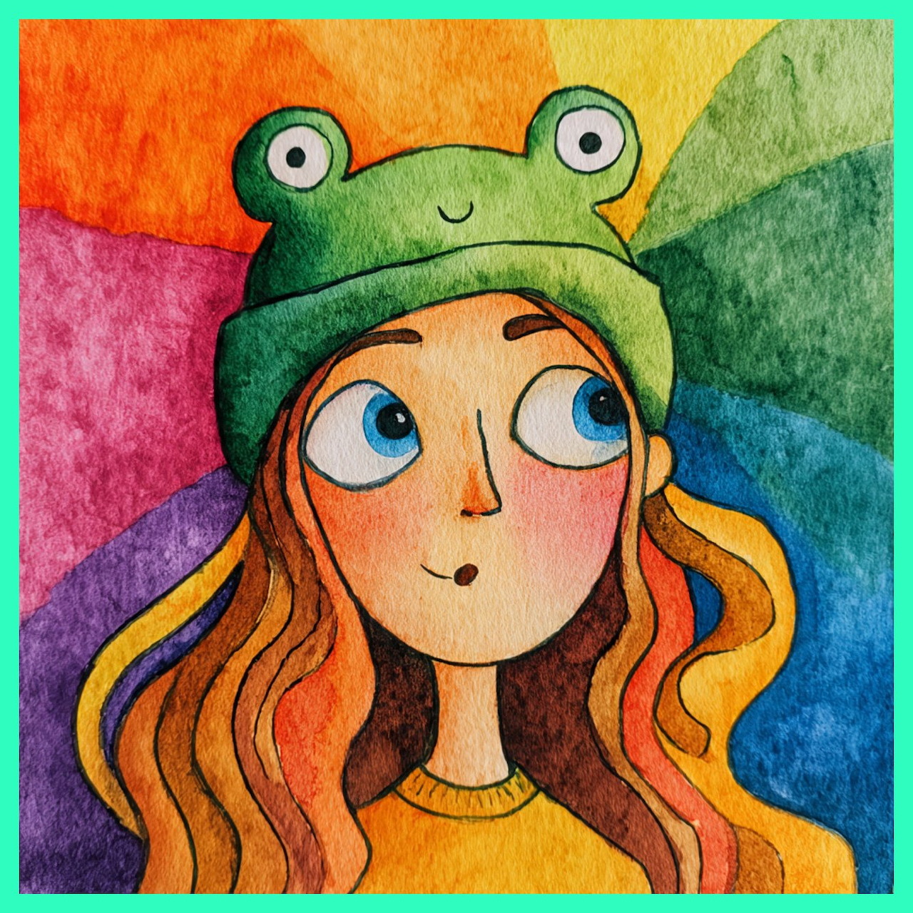 Illustrated girl with blue eyes wearing a smiling green frog hat, wavy hair, against colorful rainbow wedge background