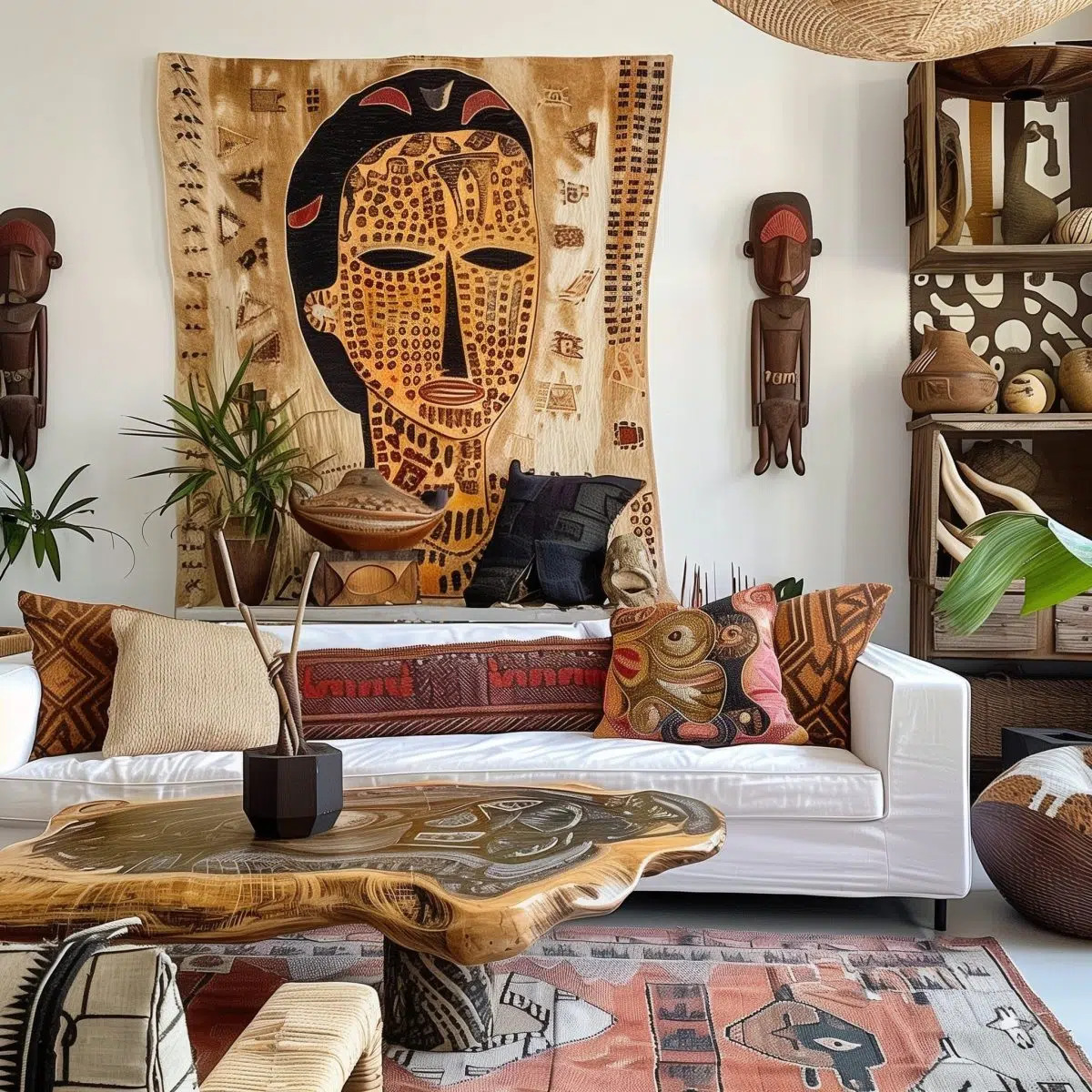 Living room with African masks, woven wall art, white sofa, and wooden carved coffee table