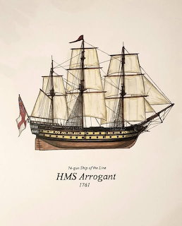 Illustration of HMS Arrogant, a 74-gun British ship of the line from 1761with full sails