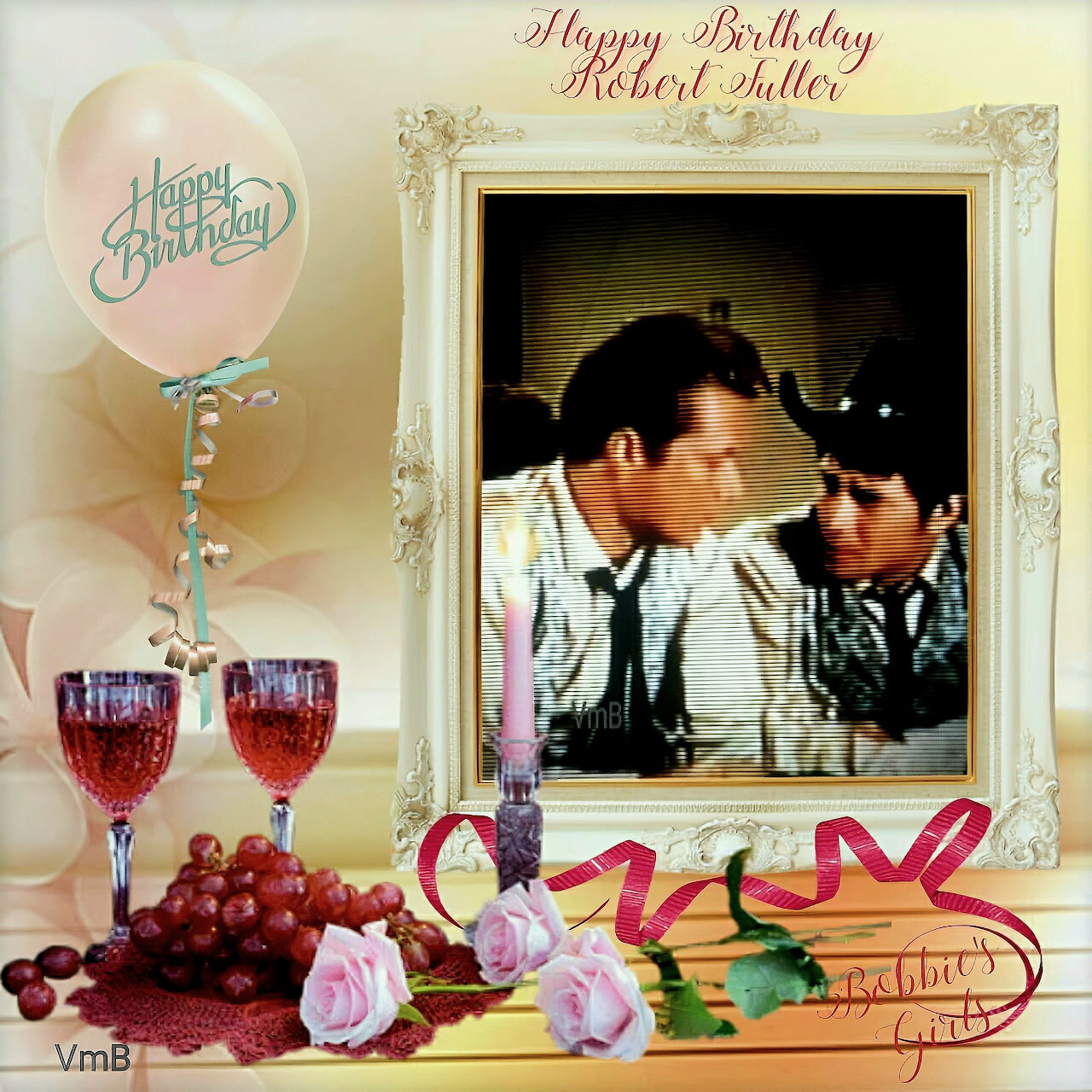 Birthday collage with balloons, red glasses, grapes, roses, and a framed vintage-style portrait