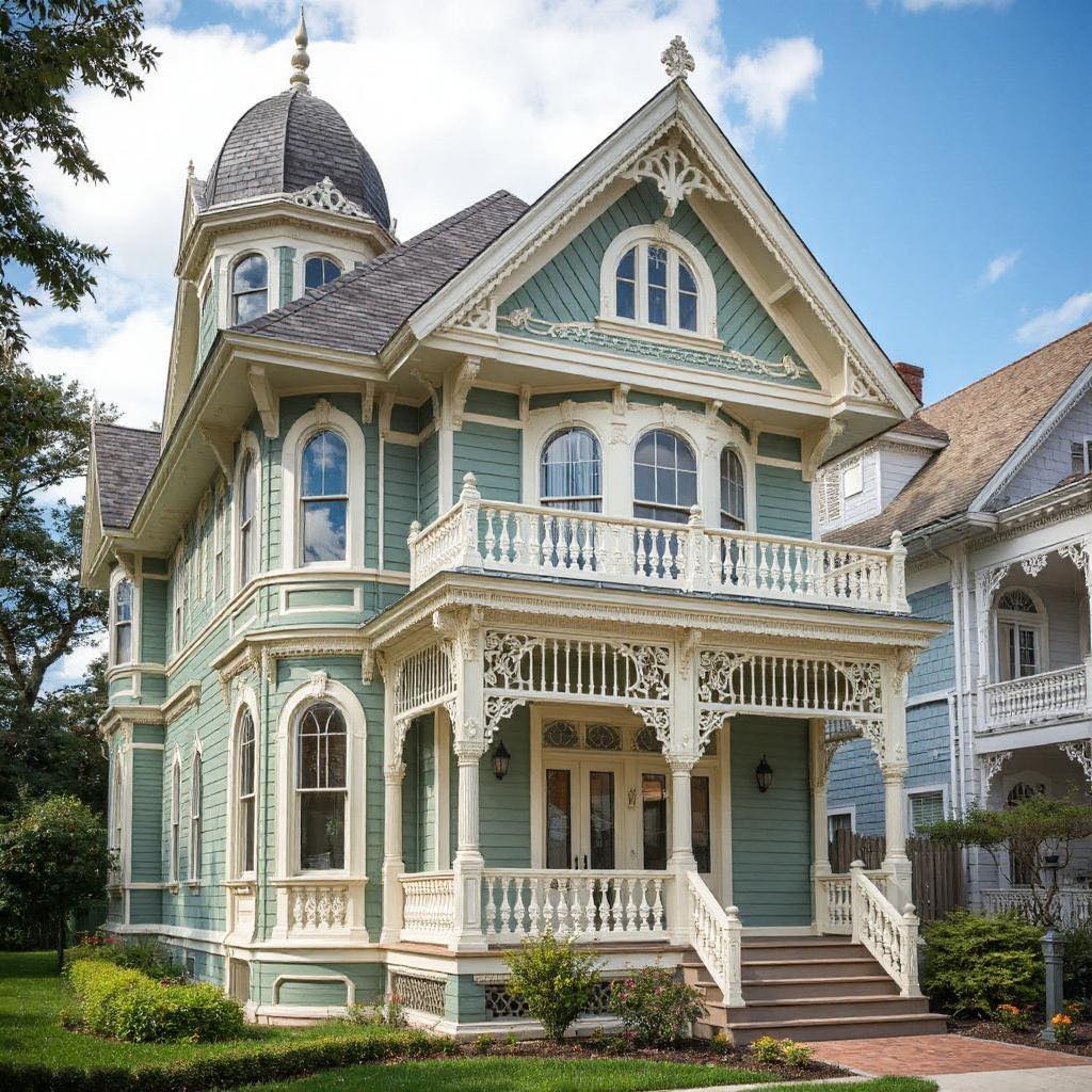 Ornate Victorian mansion with turret, balconies, and detailed trim work