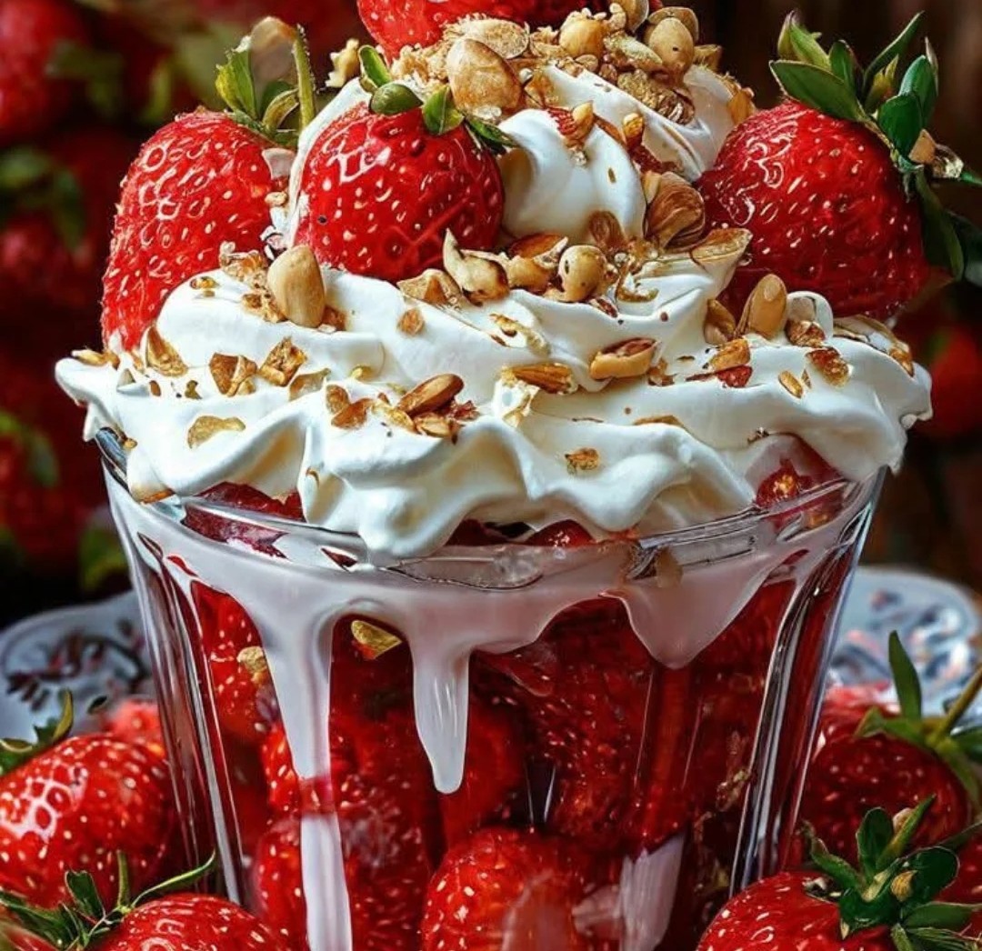 Glass dessert with strawberries, whipped cream, and chopped nuts