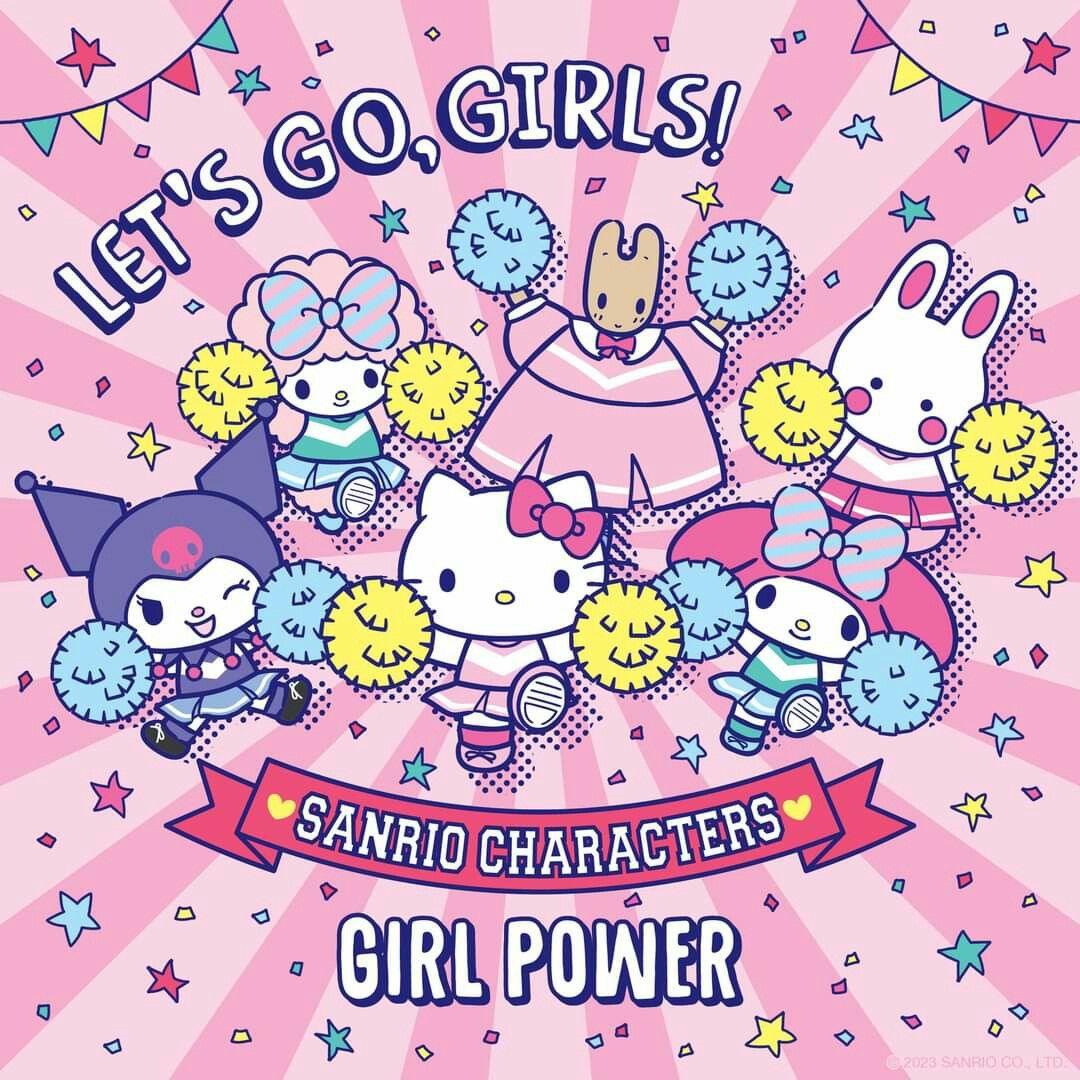 Hello Kitty and friends as cheerleaders holding pom-poms on pink background with stars