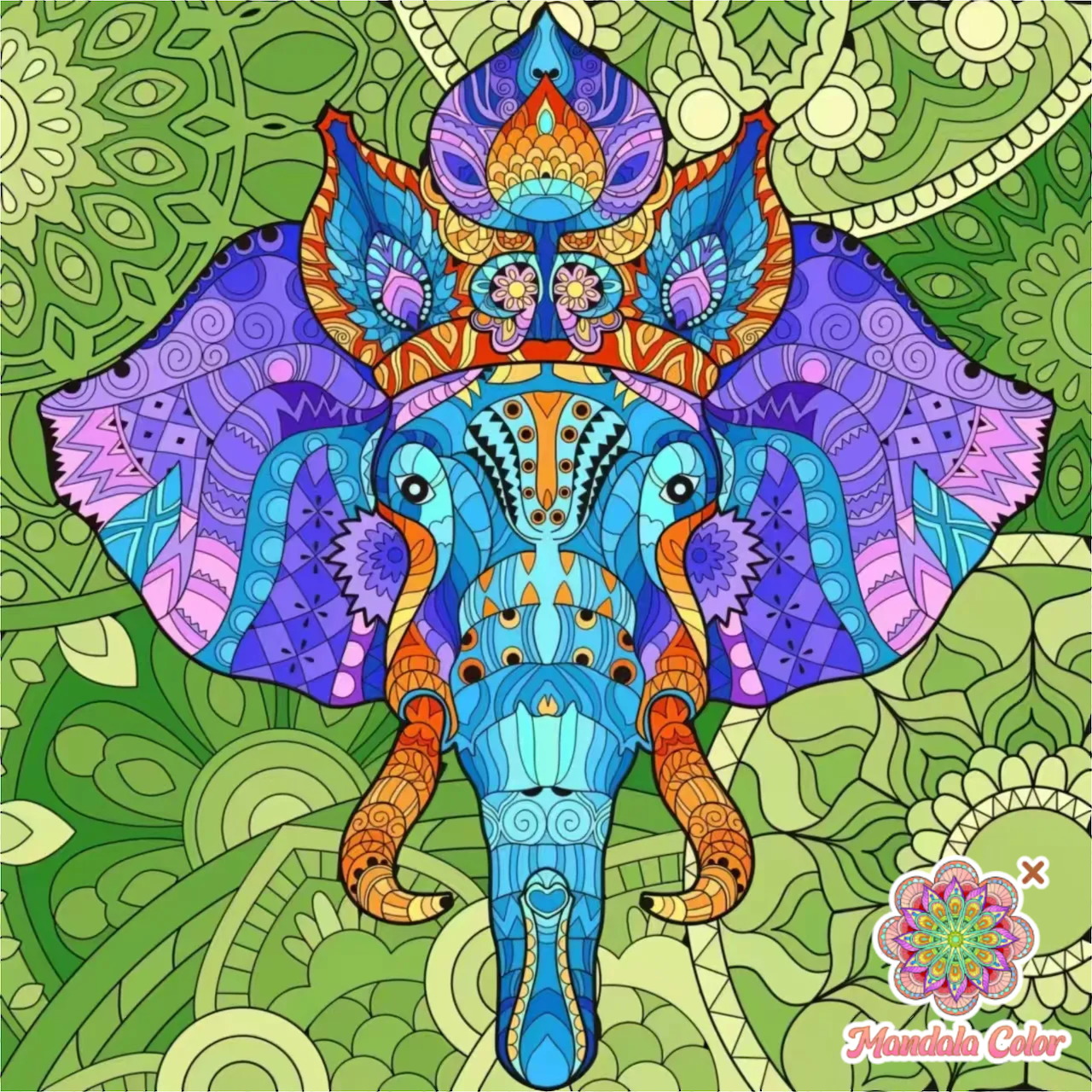Colorful ornate Ganesha elephant illustration with mandala patterns and decorative elements