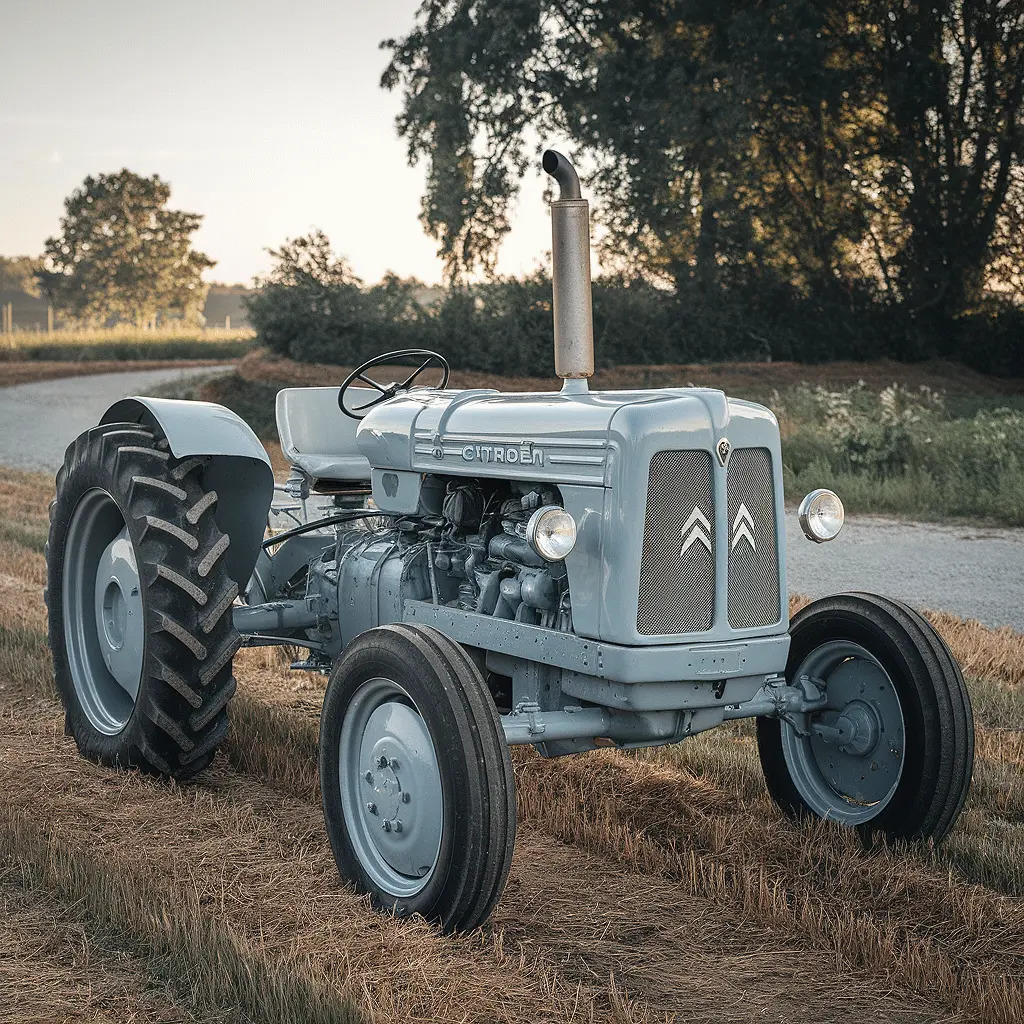 Vintage blue Citroen farm tractor on country road at sunset