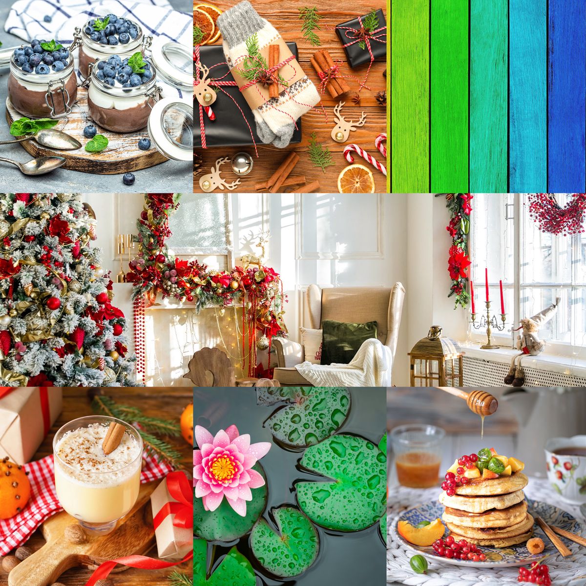 Square collage of desserts, flowers, crafts, colorful wood planks, a cozy room, lily pads, and tea