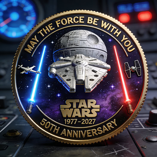 Star Wars 50th anniversary commemorative coin with spacecraft, lightsabers, and May The Force Be With You text