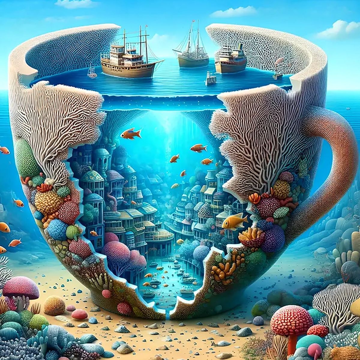 Surreal teacup ocean scene with ships above and an underwater coral city below