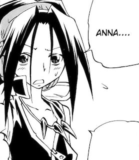 Black and white manga panel of Yoh Asakura with long hair and headphones saying Anna