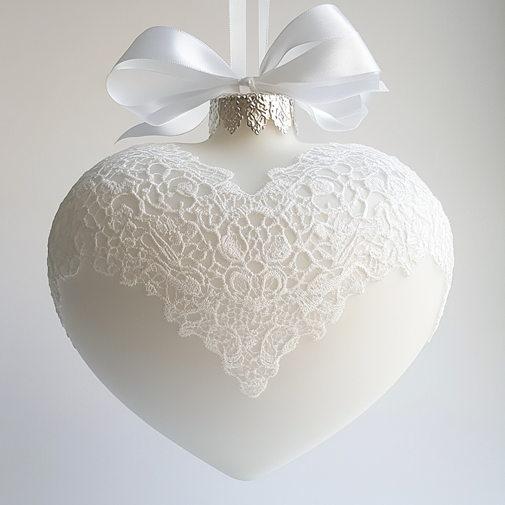 White heart ornament with lace detail and ribbon bow