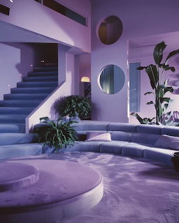 Purple-lit retro interior with curved sofa, staircase, round mirror, and tropical plants
