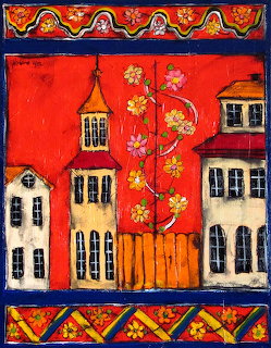 Swedish folk art illustration of yellow houses and orange tree with flowers on red background with decorative borders