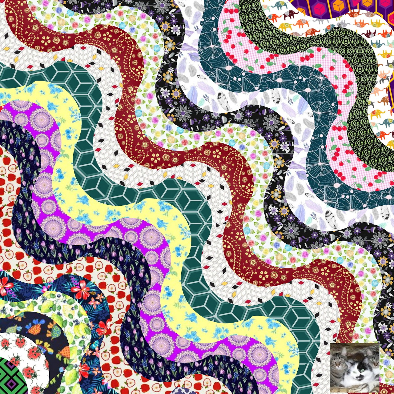 Abstract mosaic art with colorful wavy tile bands in red, teal, purple, and yellow creating flowing patterns