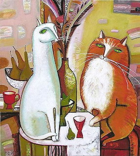 Folk art painting of a white cat and an orange tabby cat sitting at a table with a vase and red goblet