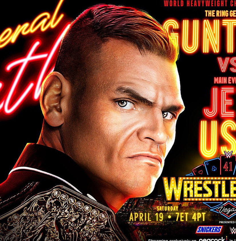 Promotional poster showing wrestler Gunther in close-up with neon event text and a championship belt.