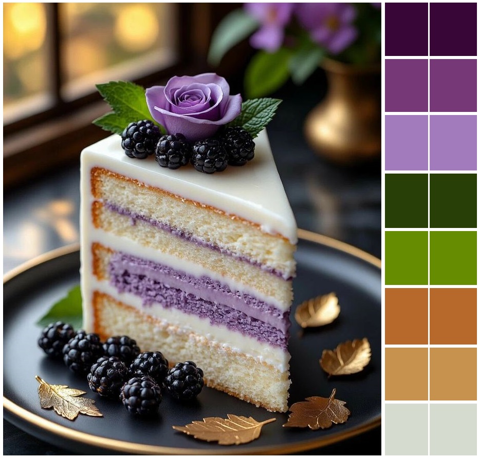 Slice of layered cake with purple filling, blackberries, and rose decoration on dark plate