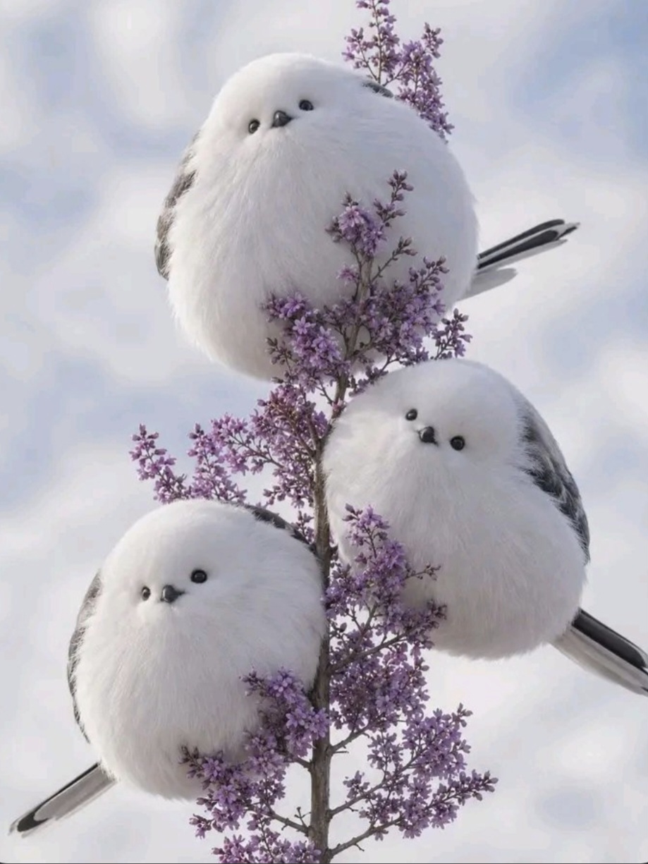 Fluffy white Shimaenaga long-tailed tit on a snowy branch