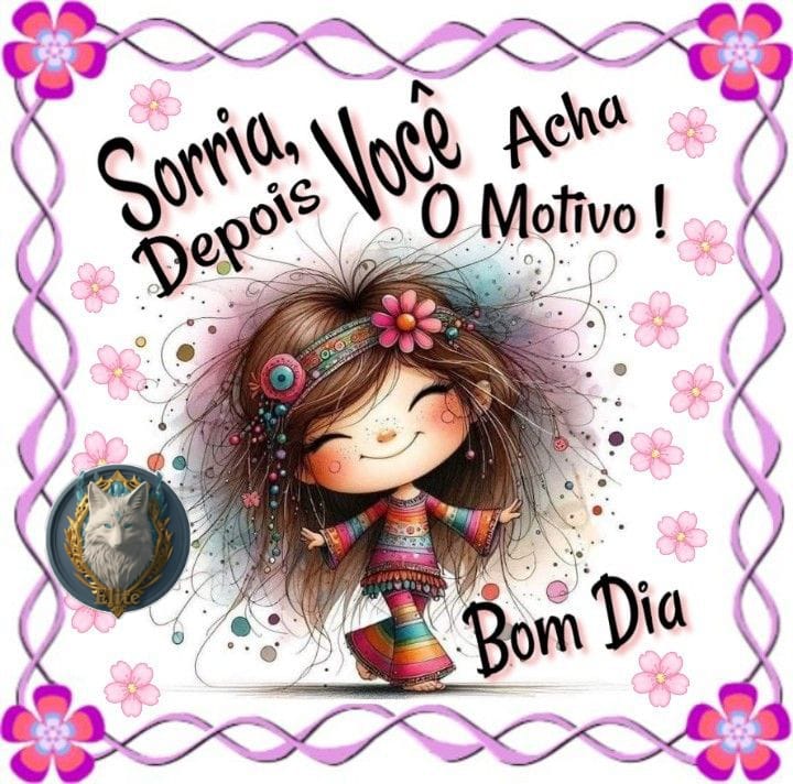 Cute cartoon girl with flowers and Portuguese text saying Bom Dia and a smiling message