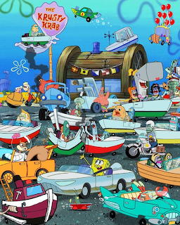 Colorful cartoon scene of the Krusty Krab with SpongeBob characters and boats bustling around underwater