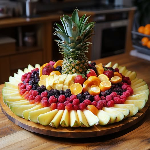 Fruit platter with pineapple, melon slices, berries, strawberries, and halved citrus on a wooden table