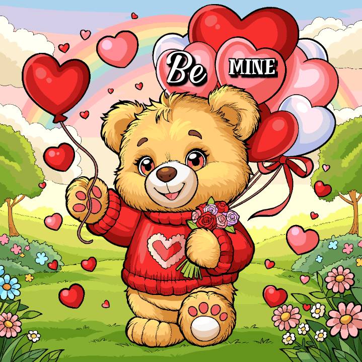 Cartoon teddy bear with heart balloons and roses in flower meadow