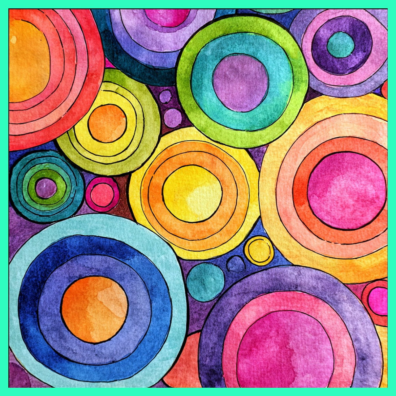 Colorful abstract painting of overlapping concentric circles in rainbow hues with textured brushstrokes