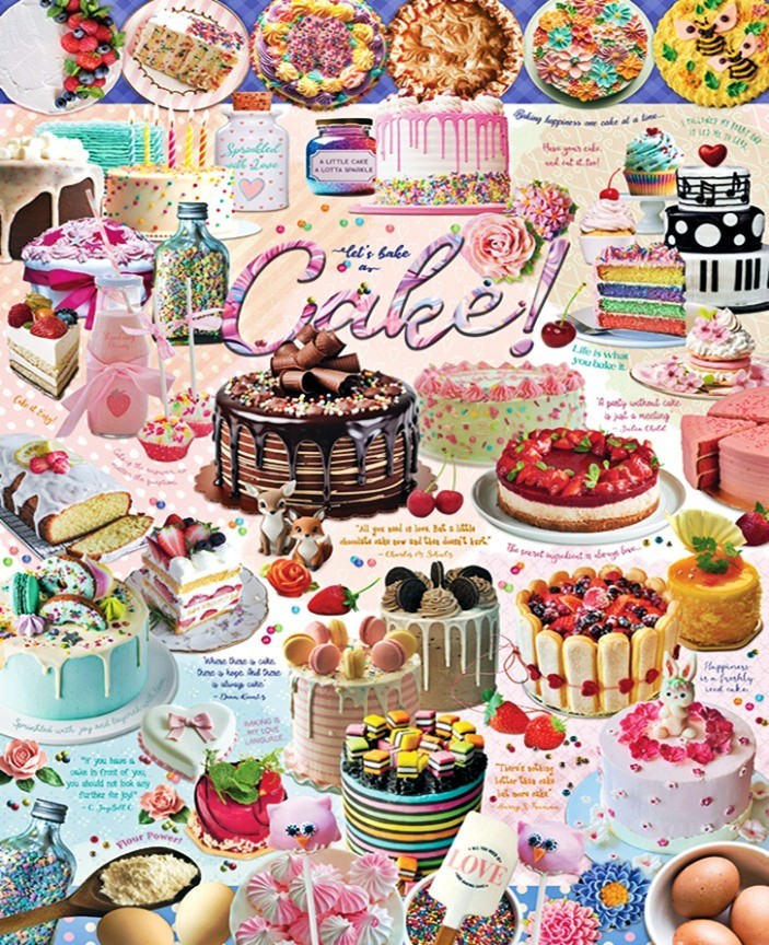 Colorful collage of various cakes, pastries, tarts, macarons and desserts arranged together