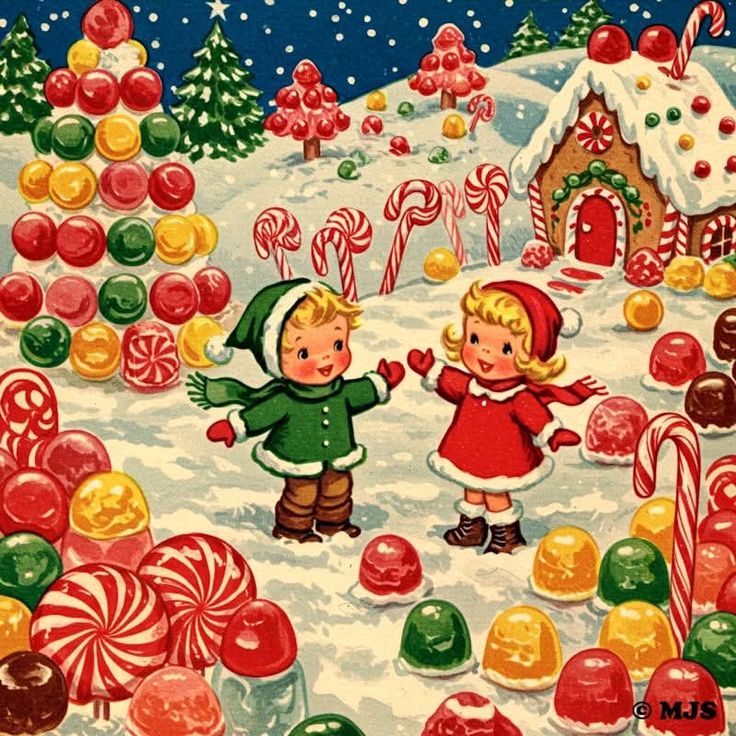 Illustration of two children in a snowy candy land with lollipops and a gingerbread house