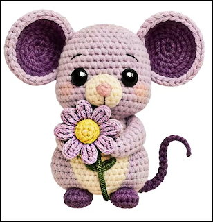 Crocheted amigurumi mouse in purple and lavender holding a pink daisy flower