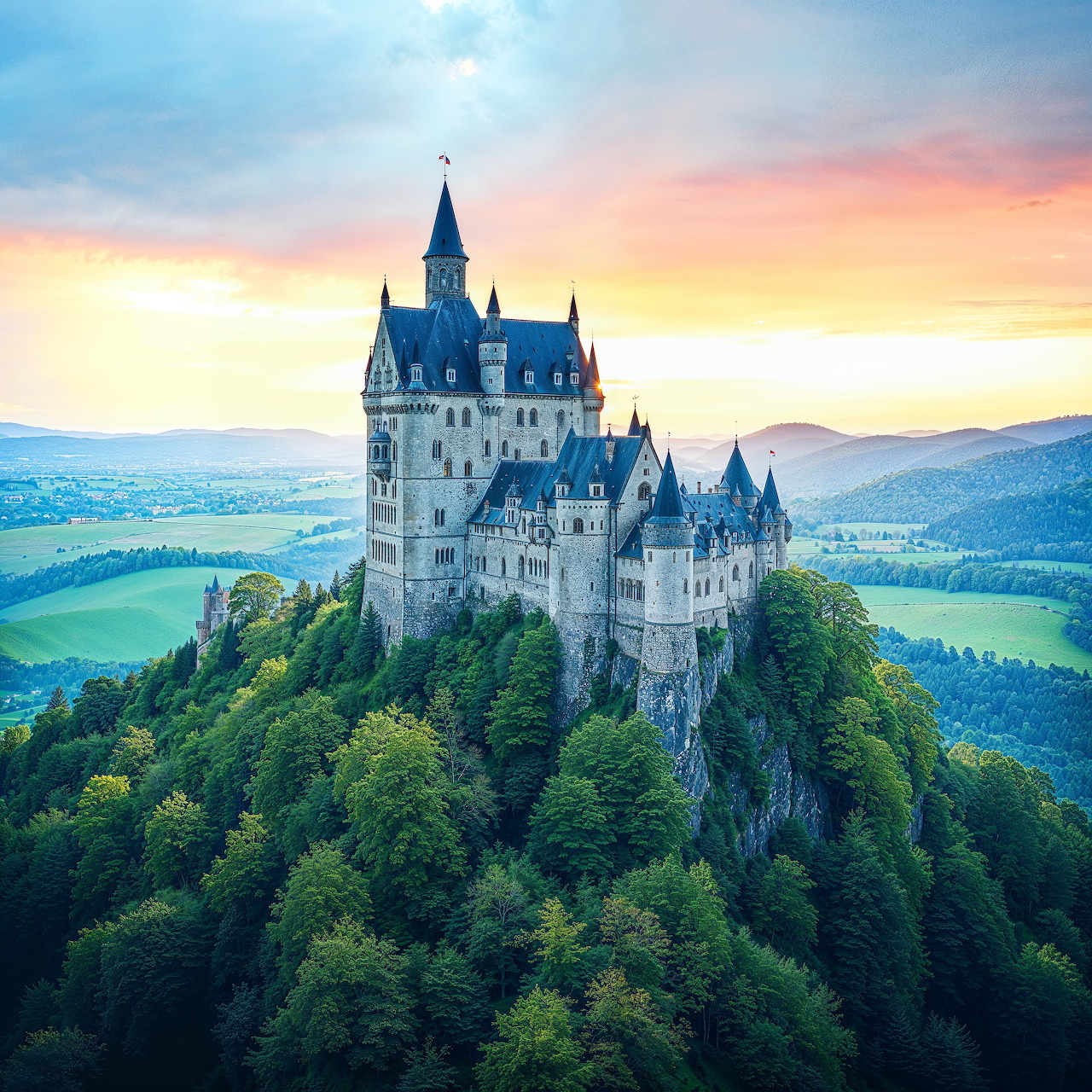 White castle with multiple towers on a green hilltop at sunset with pink and blue sky