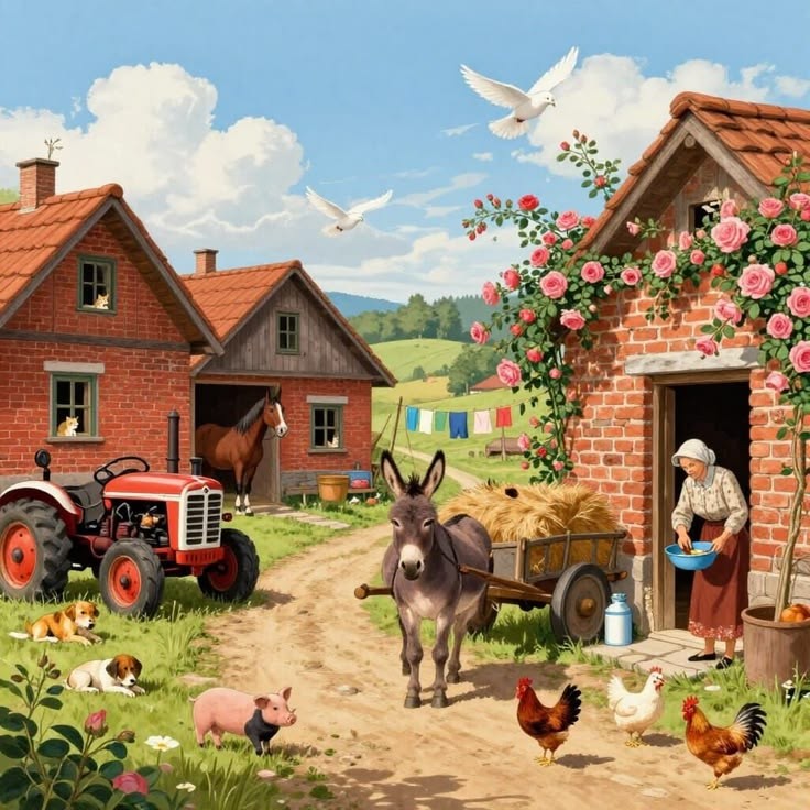 Painted farm courtyard with woman, donkey, red tractor, chickens, and brick buildings with flowers