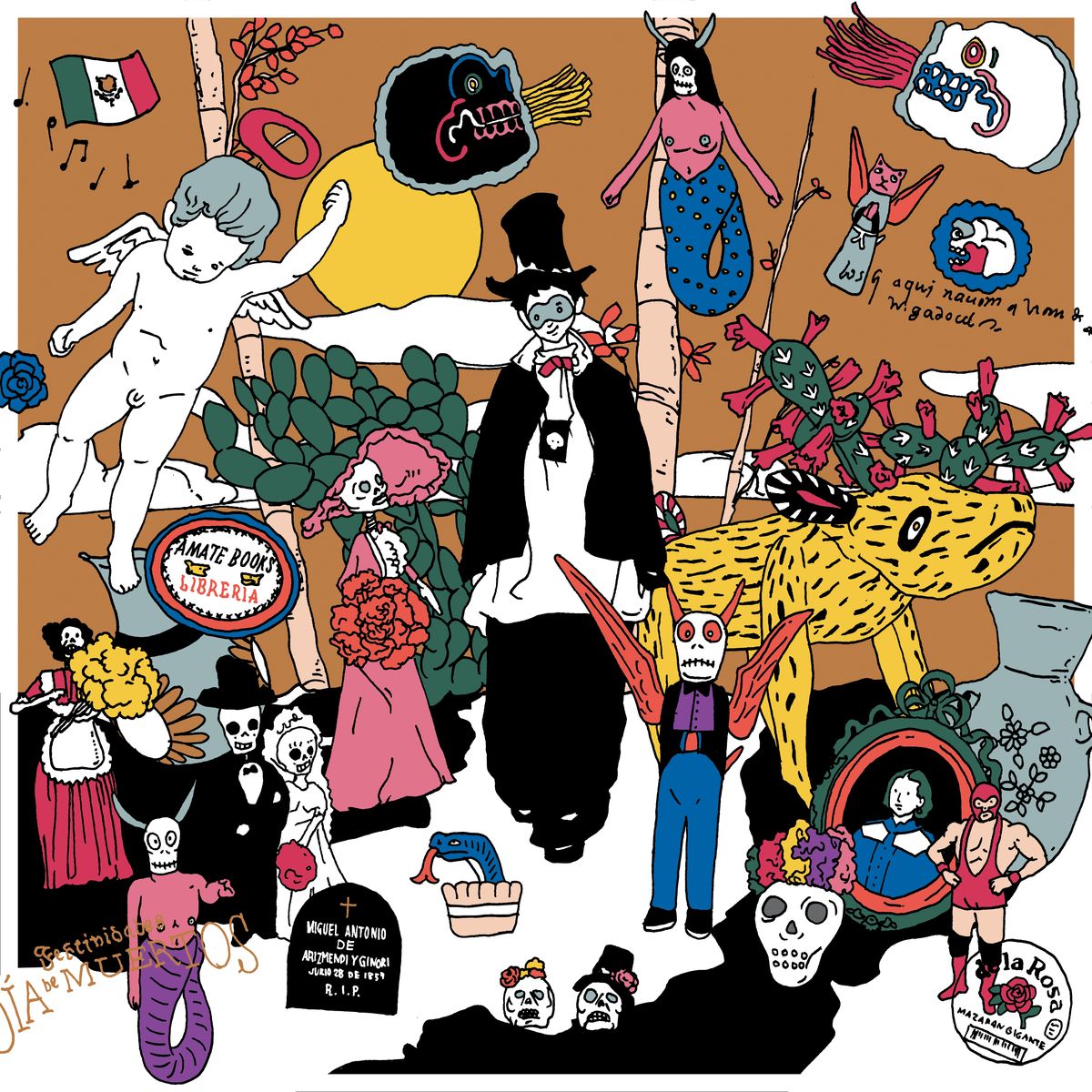 Surreal cartoon collage with strange characters, animals, symbols, and colorful abstract drawings