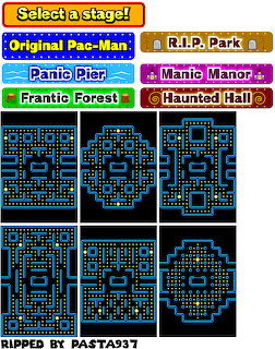 Pac-Man stage select screen with six maze map previews and colorful menu buttons