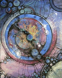 Abstract art with overlapping cosmic circles, bubbles, and swirling patterns in blue, purple, and warm tones