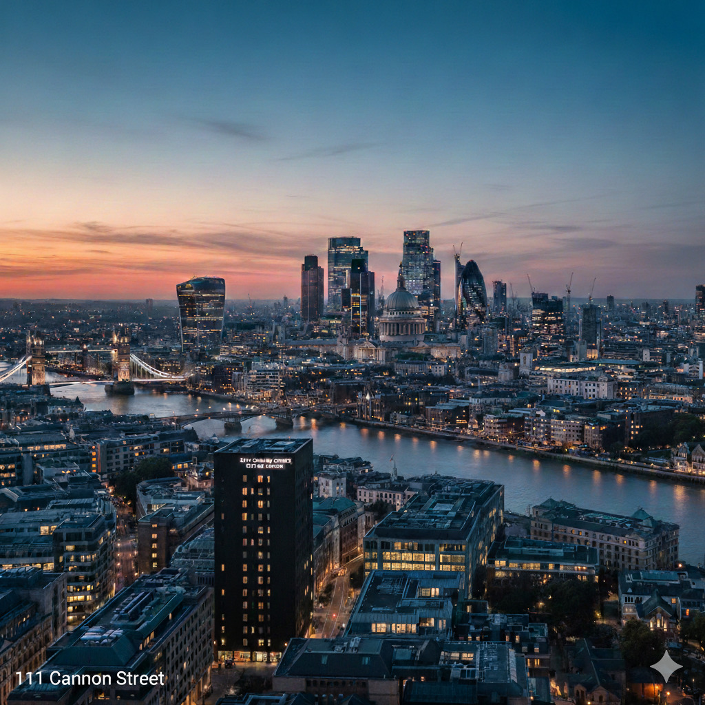 Aerial view of London city skyline at sunset with illuminated buildings and River Thames