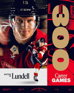 Sports poster of ice hockey player Anton Lundell in a red jersey with a smaller action figure overlay