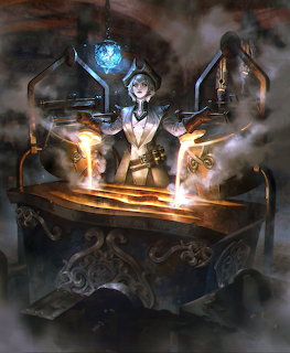 Female blacksmith forging magical glowing weapons at ornate anvil with flames